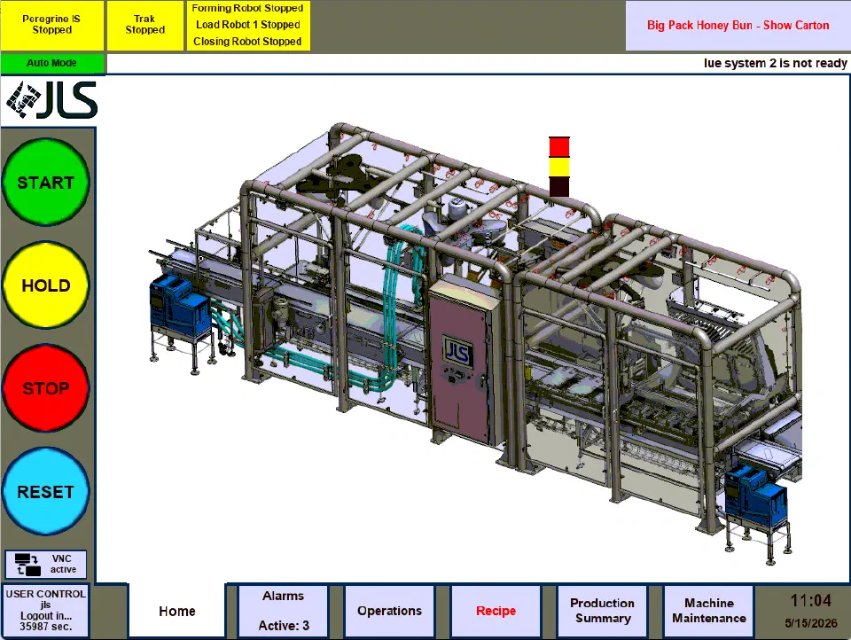 The HMI home screen with a rendered overview of the machine