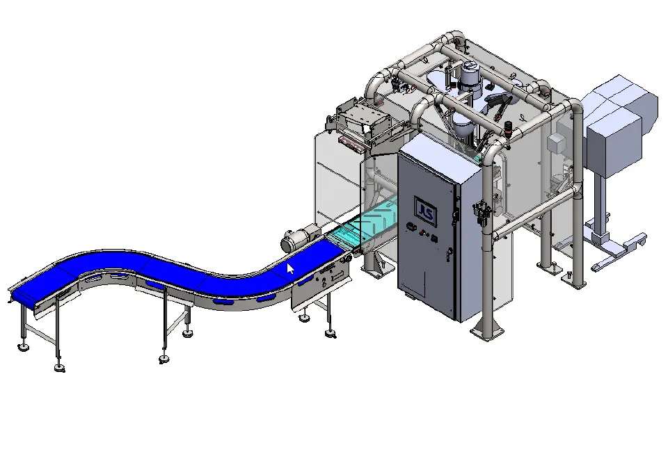 CAD overview of the cell, from the S-curve infeed through the robot enclosure