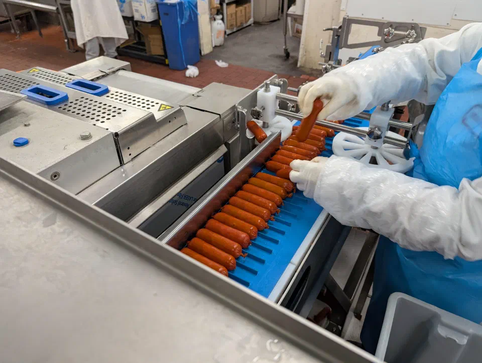 An operator straightening links at the downstream grooming station