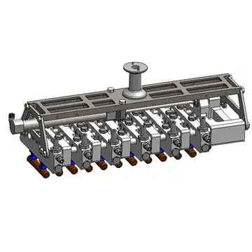 CAD render of the twelve-pick gang tool that picks and spreads sticks to the thermoformer's pocket spacing