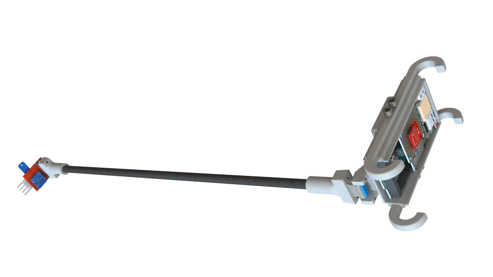 Render of the payload: carbon fiber boom, sensor head, and electronics housing